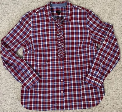 Talbots Red White And Blue Plaid Button Up Ruffle Blouse Long Sleeve Shirt Sz 14 - Image 1 of 4
