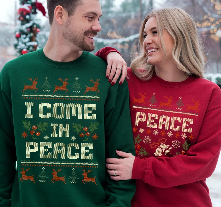 Matching Couples I Come In Peace Christmas Shirt, Couples Ugly Xmas Sweater - Image 1 of 4