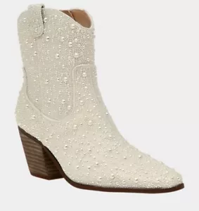 Betsey Johnson Diva Elfenbein Perlenstiefel Größe 7 Neu ohne Etikett Western Cowboy - Bild 1 von 15