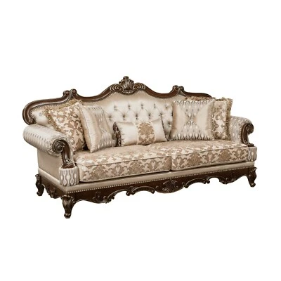 CHENILLE & SILK CARVED WOOD FAUX CRYSTAL TUFTED ROLLED ARM SOFA FURNITURE - Image 1 of 4