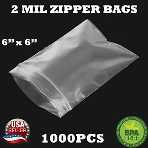 1000 - 6" x 6" ZIP SEAL TOP LOCK BAGS CLEAR 2 MIL PLASTIC RECLOSABLE BAGGIES - Picture 1 of 6