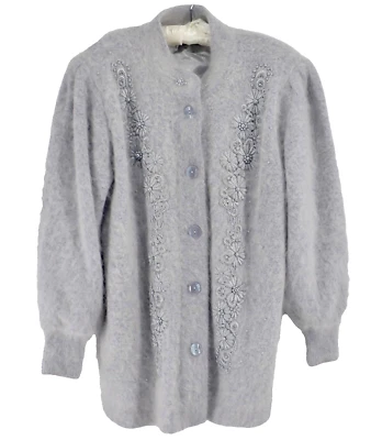 Lee Sands Women's One Size Rabbit Angora Hair Blend Gray Embellished Sweater - Image 1 of 4