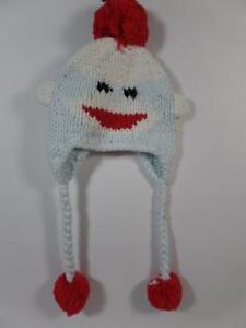 Handmade Crochet Knit SOCK MONKEY Pom Pom Earflap Hat, Sz 0-6 Months