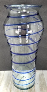 Vtg Art Glass Handmade Clear Bubble Glass Sapphire Blue Spiral Swirl 12.5" Vase - Picture 1 of 20
