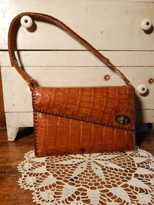 Vintage Alligator Purse Handbag Brown Brass closure Baguette - Picture 1 of 12