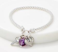 Or Paz Sterling Silver Amethyst, Leaf, Flower Charm Beaded Bracelet. 6-3/4"