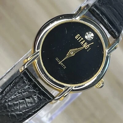 Reloj para mujer Gitano cuarzo diamante correa negra esfera tono dorado ¡NUEVA BATERÍA FUNCIONA! Foto 1 de 4