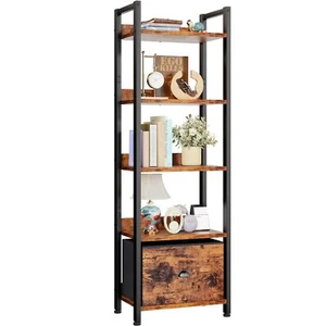 5 Tier Narrow Wood and Metal Bookshelf Organizer for Living Room Rustic - Picture 1 of 8