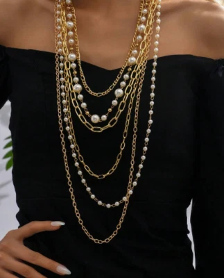 Long Big White Gold Pearl Multi Strand Layered Bead Chunky Jewelry Necklace Set - Image 1 of 4