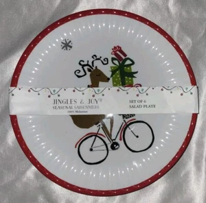 Melamine Plates Raindeer On Bicycle W/ Gifts! 6 New Salad Plates, Jingles & Joy - Picture 1 of 2
