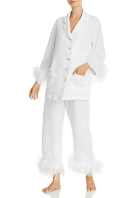 Conjunto de pijama con ribete de plumas blanco talla S para mujer Foto 1 de 4