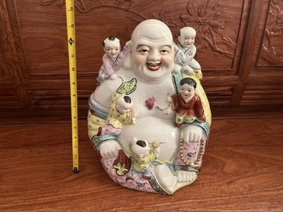 Vintage Large Chinese Porcelain Laughing Buddha 13” Figure with 5 Children - Image 1 of 4
