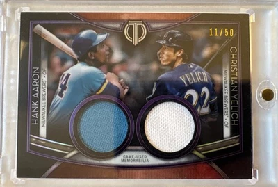 2020 Topps Tribute Dual Player Christian Yelich, Hank Aaron 11/50 JERSEY RELIC - Image 1 of 2