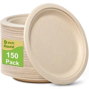 Paper Plates 9 inch, 150 Pack Compostable Paper Plates, Eco Friendly Disposab... - Picture 1 of 6