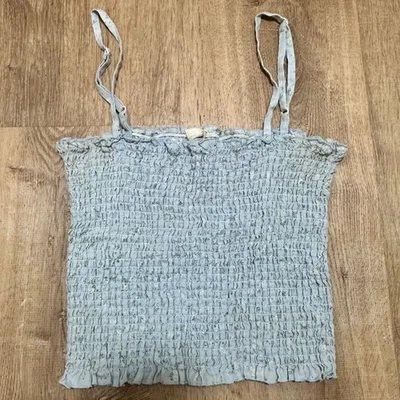 J. GALT | Top corto sin mangas con volantes florales azul bebé 100 % lino, talla S Foto 1 de 4