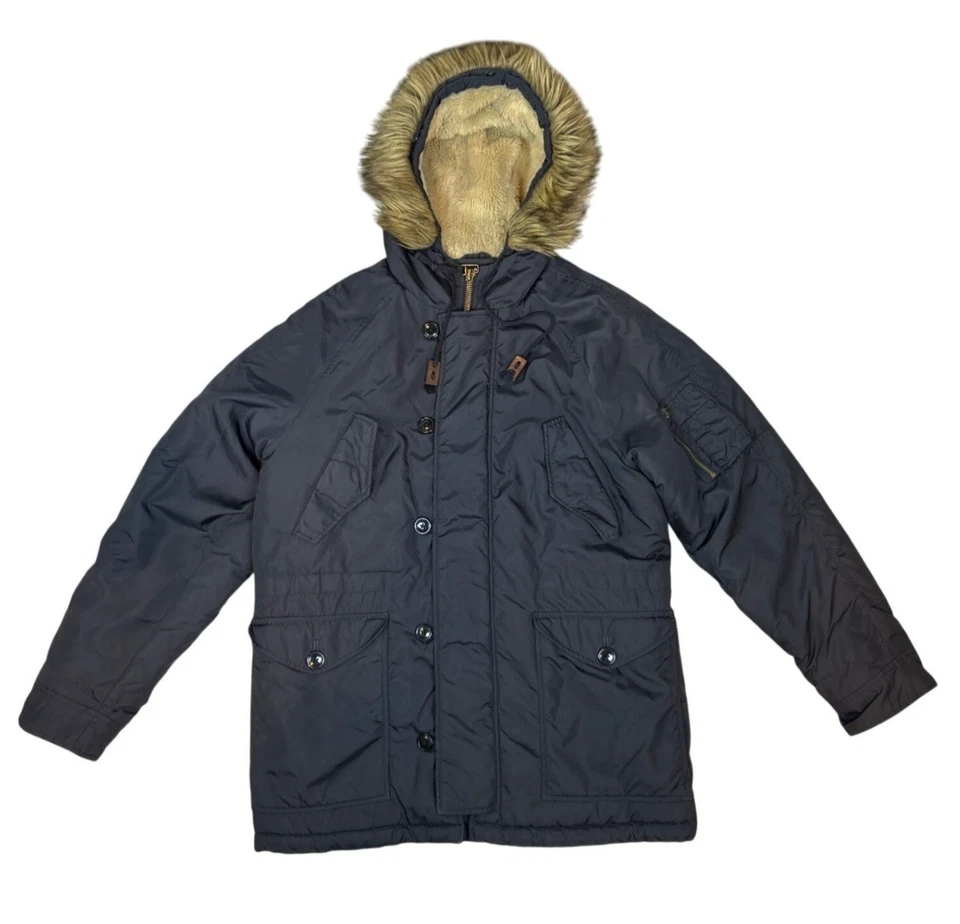 J. Crew Military‎ Style Winter Parka Sherpa Snorkel Hood Faux Fur Trim Navy Blue - Image 1 of 4
