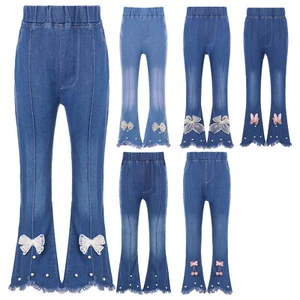 Kids Girls Ruffle Denim Pants Flare Raw Hem Casual High Waisted Bell Bottom Jean - Picture 1 of 49