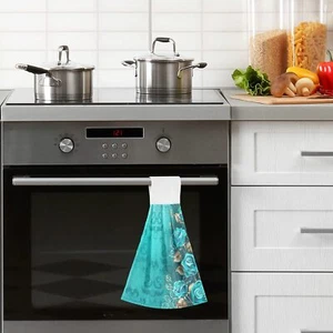 2 Pcs Hanging Kitchen Towel Teal Rose Flowers Absorbent Towel Hanging Towel H... - Picture 1 of 5