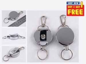 Silver Stainless Steel Retractable Keychain - 60cm Wire w/ Recoil Buckle & Clip - Picture 1 of 12