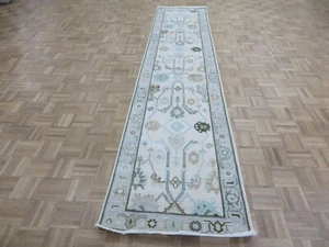 2'7 x 12 Runner Hand Knotted Ivory Oushak Oriental Rug G15595 - Picture 1 of 13