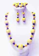 Large Round Yellow w/Yellow Emoji Wood Bead Necklace/Bracelet/Earrings Set