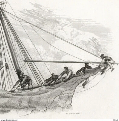 Louis Garneray Prendre un Ris Marine Bateau Voile Voilier Gravure originale XIX - Photo 1/3