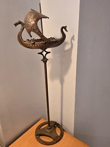 VINTAGE ART DECO VIKING SEA SERPENT SHIP COPPER/BRONZE SMOKING ASHTRAY STAND 31" - Picture 1 of 10