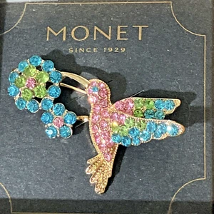 Monet Hummingbird Jeweled Brooch Flowers Pink Blue Green Gold Plated. New In Box - Picture 1 of 9