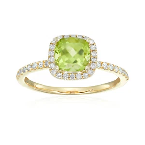 10k Yellow Gold Peridot and Diamond Cushion Halo Engagement Ring, Size 7 - Picture 1 of 5