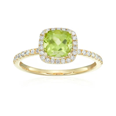 10k Yellow Gold Peridot and Diamond Cushion Halo Engagement Ring, Size 7 - Image 1 of 4