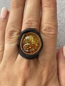 Natural Amber Stone Leather Ring.Natural Amber Ring With Leather Adjustable