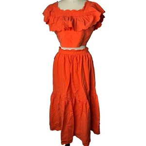 Hunter Bell Reagan Skirt Scalloped Cotton Maxi Skirt Set in Orange Size 8 - Picture 1 of 7