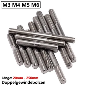 M3 - M6 Doppelgewindebolzen Stiftschraube Stehbolzen DIN 835 Edelstahl A2 V2A - Picture 1 of 98