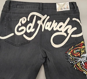 New Ed Hardy Women's 32x31 Slim Flare Black Jeans Tiger Y2K Style Tattoo Grunge - Picture 1 of 12