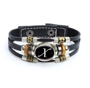 Leather Bracelet Letter X Alphabet Cabochon Adjustable Snap Bracelet Men Women - Picture 1 of 5