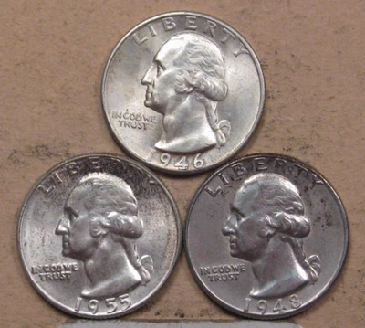 3-XF Silver Washington Quarter 1946-d, 1948-d, 1955. #18 - Image 1 of 4