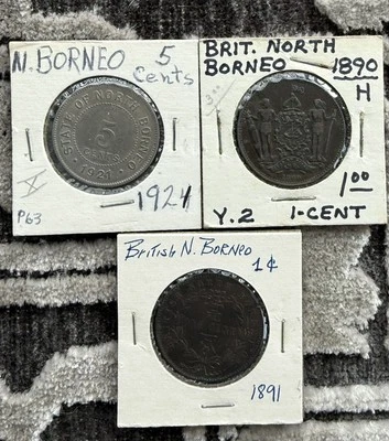 British North Borneo Coins (3) 1890 1891 Once Cent 1924 5 Cents Lot #4451 - Image 1 of 4