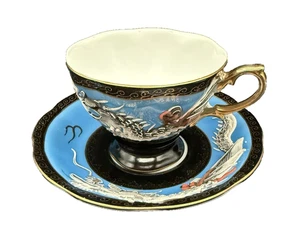 Vintage Fuji China Japan Moriage Dragon Ware Blue Black Gold Teacup & Saucer - Picture 1 of 23