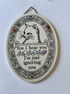 Vintage Trinity Keramik ovale lustige Katze Wandbehang Plakette Made in USA #144 - Bild 1 von 4