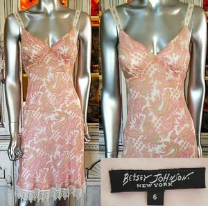 Vintage Betsey Johnson New York 90s Pink Paisley Floral Lace Silk Slip Dress S - Picture 1 of 14