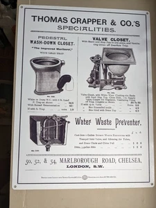 Vintage metal Sign Of Victorian Advert Thomas Crapper Flushing Toilets - Picture 1 of 4