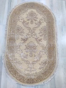 Damask Cream Gold 3 x 5 Hand Knotted Wool Rug for Bedroom 90x160 cm Oval Carpet - Picture 1 of 24