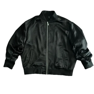 Express Jacket Women’s Large Black Satin Bomber Zipper Pockets Mid Length - Picture 1 of 13
