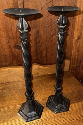 2  1990s  Black Twist Cast Iron Tall Candle Holders 16.25”~Pillar~Hexagon Base - Image 1 of 4