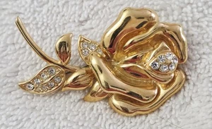 Vintage Krementz Rose Flower Goldtone Gold Tone Rhinestone Brooch Pin, SIGNED - Picture 1 of 5