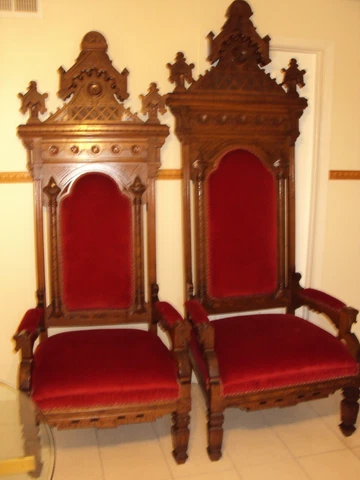 Antique High Back Chairs Thrones: ( Pair) Eastlake, Walnut, Carved, ca. 1880 Cover