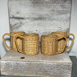 Lote de 4 portavasos boho vintage años 70 mimbre ratán con asas 4,5x3,5" RARO - Imagen 1 de 24