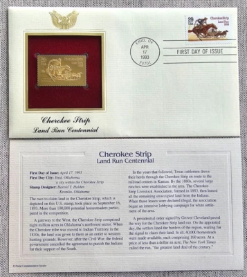 CHEROKEE STRIP  (1893 LAND RUN CENTENNIAL) 22k Gold Foil FDC 1993 29¢ Stamp RARE - Image 1 of 2