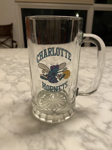 VTG Charlotte Hornets Glass Handle Mug Cup Beer Stein NBA Basketball 6 Inch Tall Cover