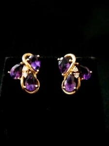 Juego único de pendientes de amatista y diamantes de oro amarillo de 14 K púrpura. #1395 - Imagen 1 de 7